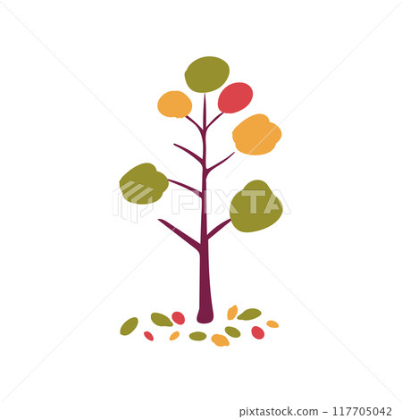 Hand drawn folk tree with autumn leaves in red, yellow, and green. Flat vector illustration. Simple style. 117705042