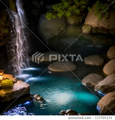 Open-air natural hot spring bath with a blue waterfall basin Open-air natural hot spring bath with a blue waterfall basin 117705155