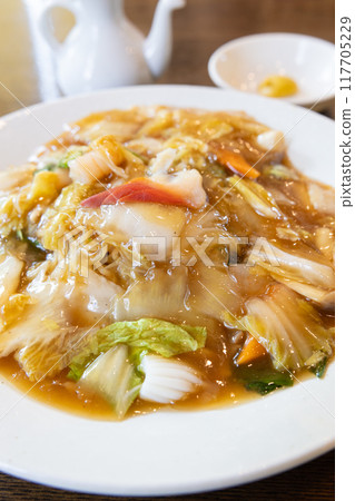 Delicious Chinese food: Fried noodles with mixed vegetables and ankake sauce Delicious Chinese food: Fried noodles with mixed vegetables and ankake sauce 117705229