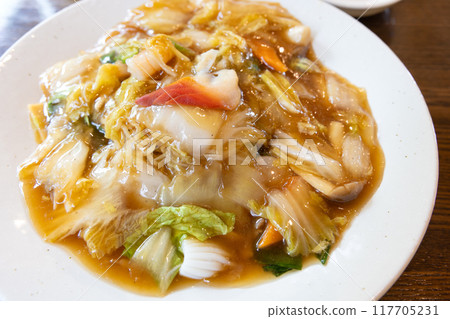 Delicious Chinese food: Fried noodles with mixed vegetables and ankake sauce Delicious Chinese food: Fried noodles with mixed vegetables and ankake sauce 117705231