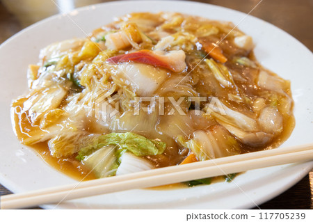 Delicious Chinese food: Fried noodles with mixed vegetables and ankake sauce Delicious Chinese food: Fried noodles with mixed vegetables and ankake sauce 117705239