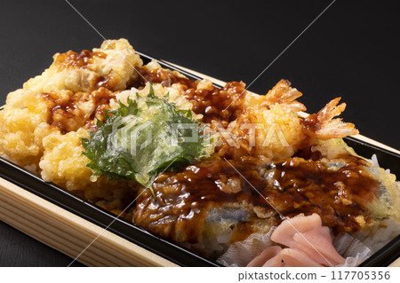 Tenju bento (shrimp, squid, pumpkin, maitake mushrooms, eggplant, shiso leaves) Tenju bento (shrimp, squid, pumpkin, maitake mushrooms, eggplant, shiso leaves) 117705356