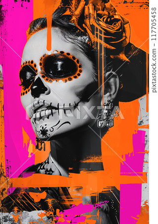 Day of the Dead Carnival Poster with woman Skull Makeup and Vibrant pink Orange Graffiti 117705458