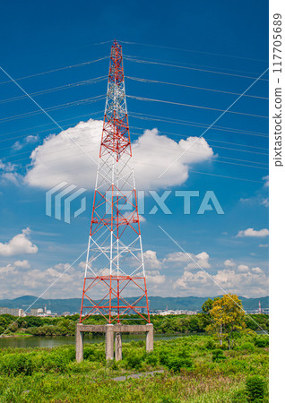 Steel tower standing on the Yodo River riverbed, Hirakata City 117705689