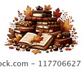 Reading autumn illustration, old books and fallen leaves 117706627