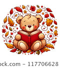 Autumn illustration of reading, autumn leaves and a bear reading 117706628