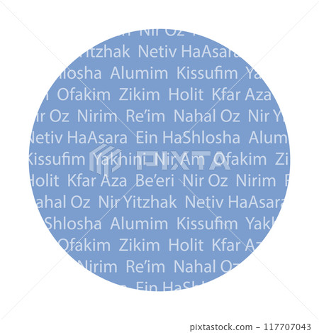 October 7 Israel kibbutzim names attacked by Hamas vector illustration on light blue background for Memorial day of Black Saturday Massacre and Stand with Israel. Commemorating of victims template 117707043