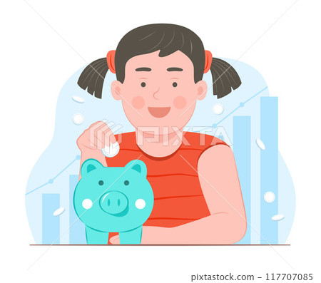 Cute Kid Girl Savings Money Coin with Piggy Bank for Financial Concept Illustration Cute Kid Girl Savings Money Coin with Piggy Bank for Financial Concept Illustration 117707085