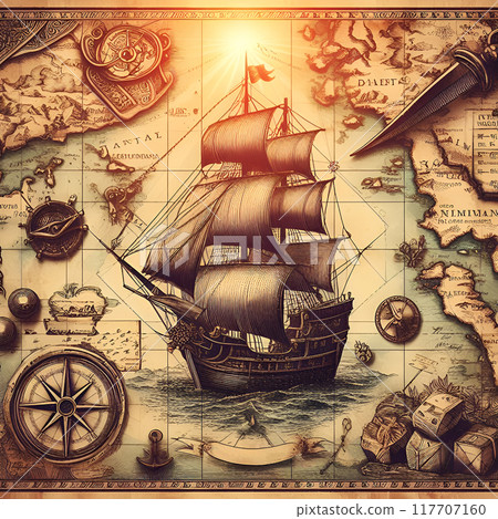 A pirate treasure map with islands and sailing frigates drawn on it A pirate treasure map with islands and sailing frigates drawn on it 117707160