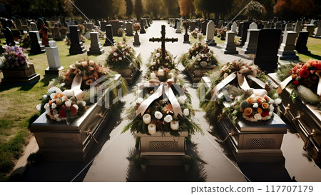 Attributes necessary for any funeral: coffin, tombstone, wreaths and cross 117707179