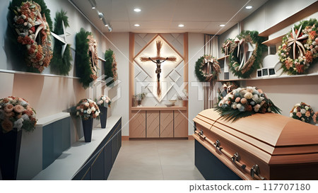 Attributes necessary for any funeral: coffin, tombstone, wreaths and cross 117707180