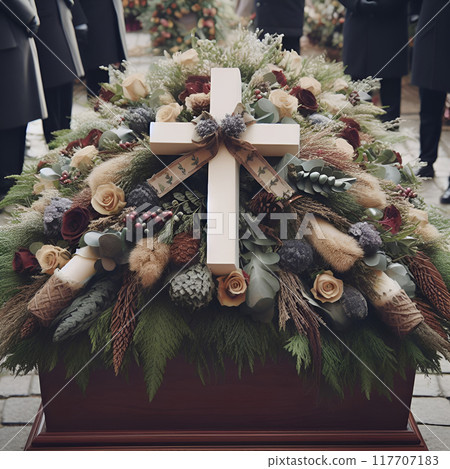 Attributes necessary for any funeral: coffin, tombstone, wreaths and cross 117707183