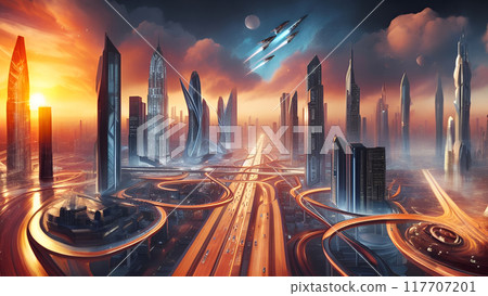 A general view of the technological industrial city of the future. The city has many roads and skyscrapers, but there are no green park areas 117707201