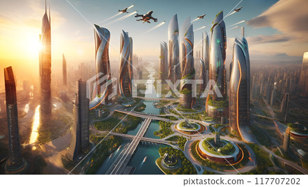 A beautiful fantasy city of the future with tall skyscrapers, roads and large green parks 117707202