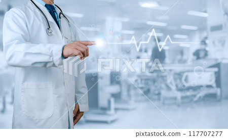 Doctor hand touching pulse graph on the interior background of the hospital, Concept of treating disease, Insurance concept, Concept for commercial business, Symbols and icons on virtual screen. 117707277