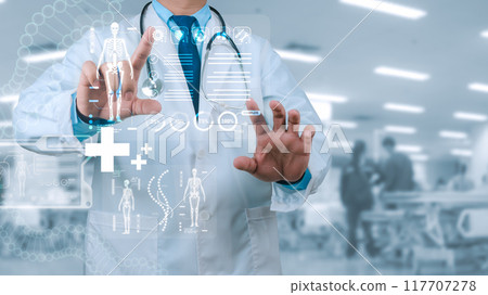 Medical technology concept, Doctor using finger touching screen for medical diagnostic analysis on modern virtual screen network connection, Body human anatomy on technological futuristic. 117707278
