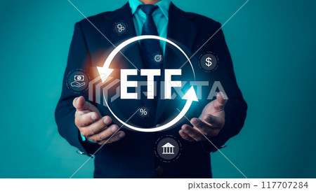 Businessman shows icons of ETF Exchange traded fund stock market trading investment financial concept, Investment Opportunities in Mutual Funds and ETFs, Stock market index fund, ETF stock options. Businessman shows icons of ETF Exchange traded fund stock market trading investment financial concept, Investment Opportunities in Mutual Funds and ETFs, Stock market index fund, ETF stock options. 117707284