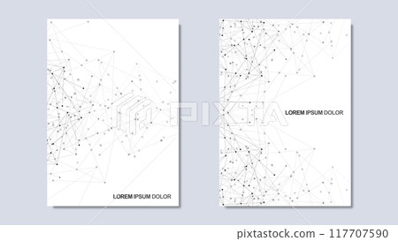 Vector illustration of minimalist design with connecting the dots and lines. Abstract geometric background of science and technology concept. Template for cover brochure, layout, flyer, book, banner. 117707590