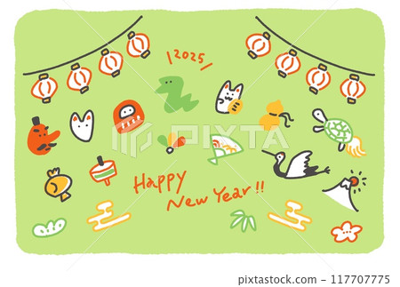 Cute Japanese-style New Year's card, Reiwa 7, 2025, lucky charm, lantern, crane and turtle 117707775