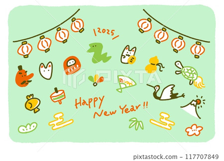 Cute Japanese-style New Year's card, Reiwa 7, 2025, lucky charm, lantern, crane and turtle 117707849
