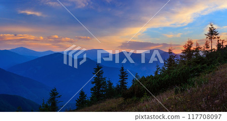Summer sunset mountain view (Carpathian, Ukraine). 117708097