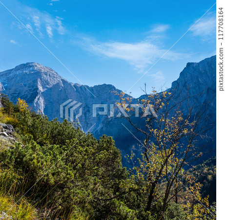 Sunny colorful autumn alpine scene. Peaceful rocky mountain view from hiking path near Almsee lake, Upper Austria. 117708164