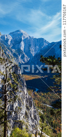 Sunny colorful autumn alpine scene. Peaceful rocky mountain view from hiking path near Almsee lake, Upper Austria. Sunny colorful autumn alpine scene. Peaceful rocky mountain view from hiking path near Almsee lake, Upper Austria. 117708167