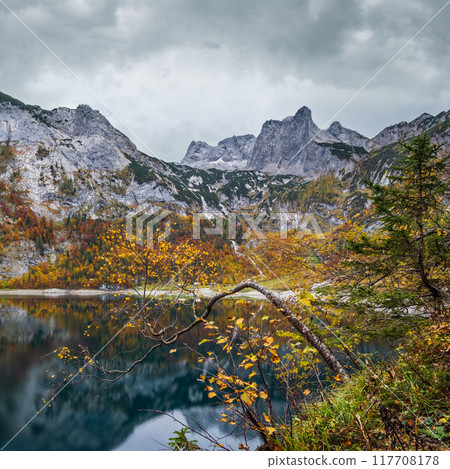 Picturesque Hinterer Gosausee lake, Upper Austria. Autumn Alps mountain lake with clear transparent water and reflections. Dachstein summit and glacier in far. 117708178