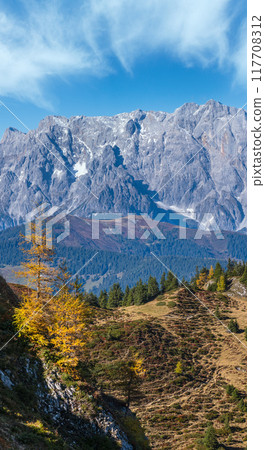 Peaceful autumn Alps mountain sunny view from hiking path from Dorfgastein to Paarseen lakes, Land Salzburg, Austria. 117708312