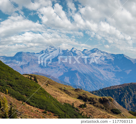 Peaceful autumn Alps mountain sunny view from hiking path from Dorfgastein to Paarseen lakes, Land Salzburg, Austria. Peaceful autumn Alps mountain sunny view from hiking path from Dorfgastein to Paarseen lakes, Land Salzburg, Austria. 117708313