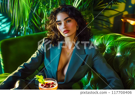 Beautiful cheeky self-confident brunette young woman in green business suit sitting at table in modern bar with alcoholic cocktail. Serious face. AI-generated item. 117708406