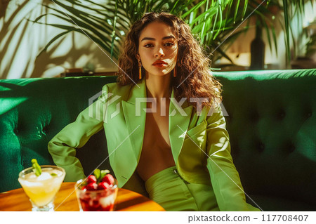 Beautiful cheeky self-confident brunette young woman in green business suit sitting at table in modern bar with alcoholic cocktail. Serious face. AI-generated item. 117708407