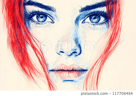 Pencil drawing of a beautiful teen girls face with kind blue eyes and direct look. Artwork image with a face of young woman with red hair, blue eyes. AI-generated item. 117708484