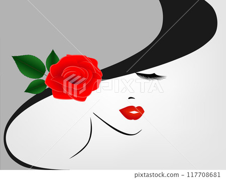 Portrait of a girl in a hat with a red rose on a gray background. 117708681