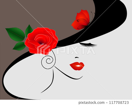 Portrait of a girl in a hat with a red rose and a butterfly. Portrait of a girl in a hat with a red rose and a butterfly. 117708723