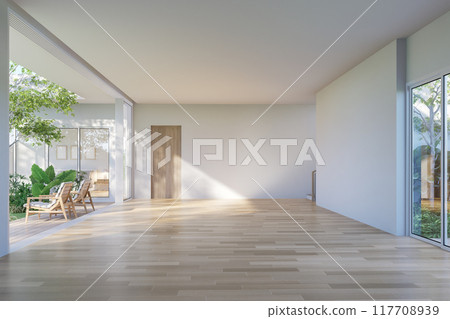 Modern contemporary empty room with wooden terrace overlooking green lawn and tropical style garden view background 3d render 117708939
