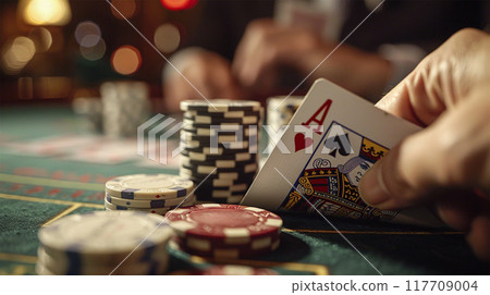 Close-up of a poker hand with chips on a casino table 117709004