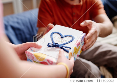 Hands Exchanging a Colorful Gift Wrapped with Blue Ribbon Hands Exchanging a Colorful Gift Wrapped with Blue Ribbon 117709008