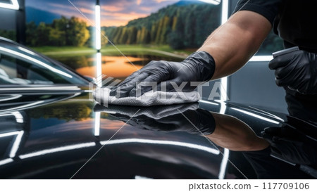 Close-up of a man's gloved hand wiping a car with a microfiber cloth  117709106