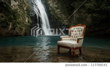 Luxury Chair Standing in Water by Waterfall 117709141