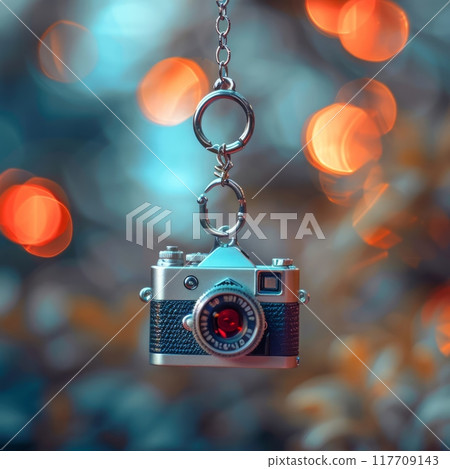 Vintage Camera Keychain with Soft Bokeh Background 117709143