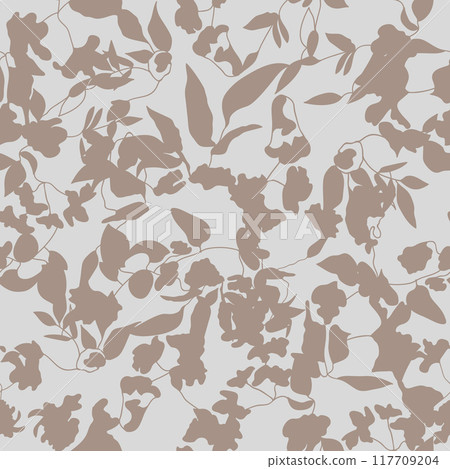 Hand drawn summer floral background. Monochrome illustration. Silhouettes. Endless design for printing and decoration. Repeatable botanical backdrop.  117709204