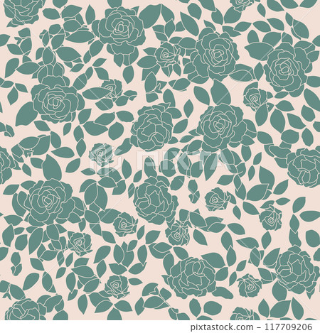 Seamless wallpaper pattern with collection of pastel roses. Line art wallpaper. Vector stock illustration.  117709206