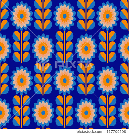 Retro scandinavian style flowers seamless pattern. Colorful flowers on color background. Spring floret design for nursery and kids fabric.  117709208