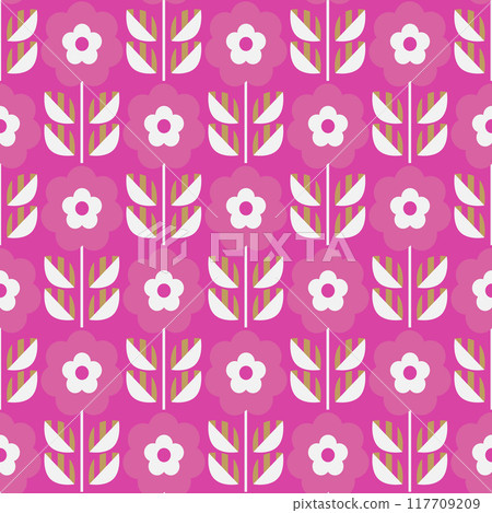 Retro seamless pattern with floral elements in scandinavian style. Geometric stylized flowers, 60s, 70s. surface design, fabric, paper, stationery. 117709209