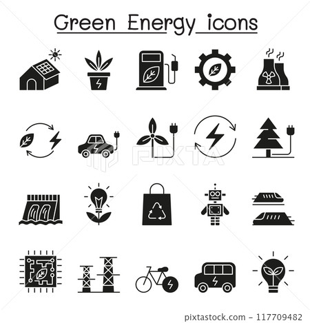 Green energy icons set in glyph style 117709482