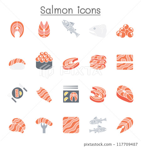 Salmon icon set in flat color style 117709487