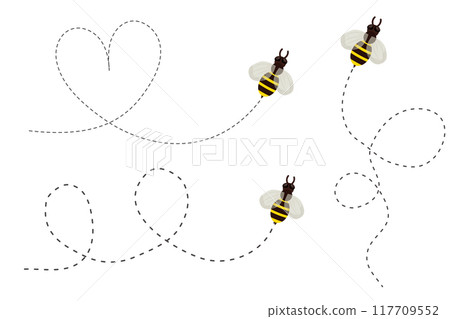 Bee flying doted path, line way. Bumblebee fly route journey for travel. Honey product design, Bee with cute wings. 117709552