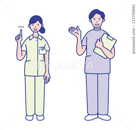 指點姿勢的女護士和拿著活頁夾的男護士的全身插畫素材【套裝】 指點姿勢的女護士和拿著活頁夾的男護士的全身插畫素材【套裝】 117709982