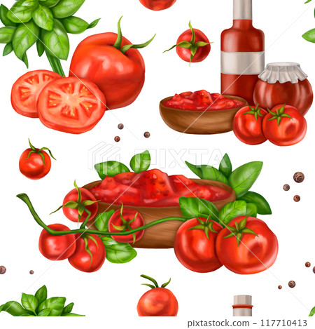 A seamless pattern with juicy red tomatoes, vessels and plates with sauces. A healthy diet of vegetables and ingredients. Floral background for packaging and textiles. Digital isolated illustration 117710413